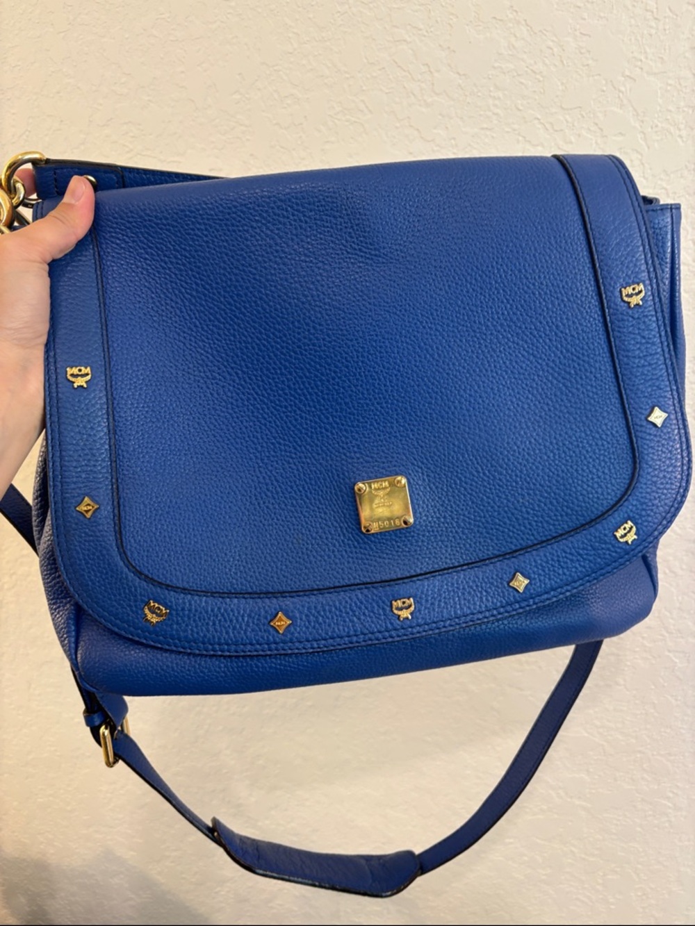 MCM Cobalt Blue Pebbled Leather Shoulder Bag with Gold Hardware